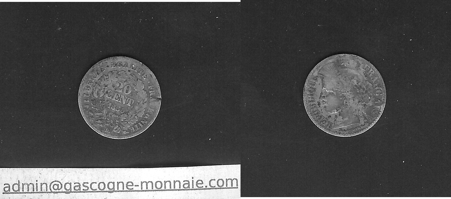 20 centimes Cérès 1850BB Strasbourg TB